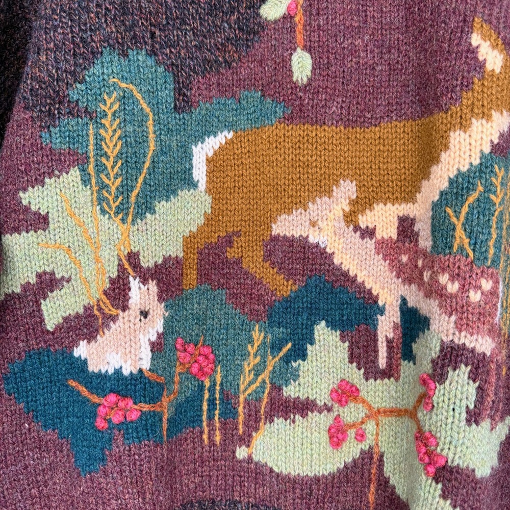 Vintage 1988 Susan Bristol Shetland Wool Deer Rabbit Forest Scene Sweater Size M - Picture 2 of 12